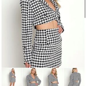 For Love And Lemons Black & White Houndstooth Cropped Blazer